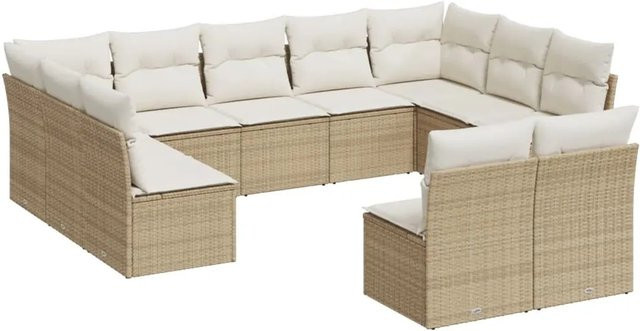 vidaXL 11-tlg Garten-Sofagarnitur aus Poly-Rattan mit Kissen in Beige und Cremeweiß - Bild 1