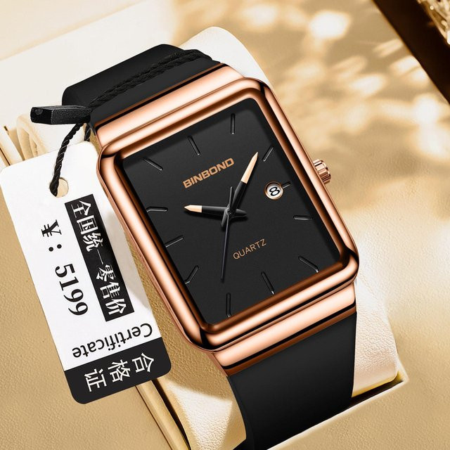 Binbang Armbanduhr Quarz, Eckiges Zifferblatt, Silikon, Roségold, Schwarz, Unisex - Bild 1