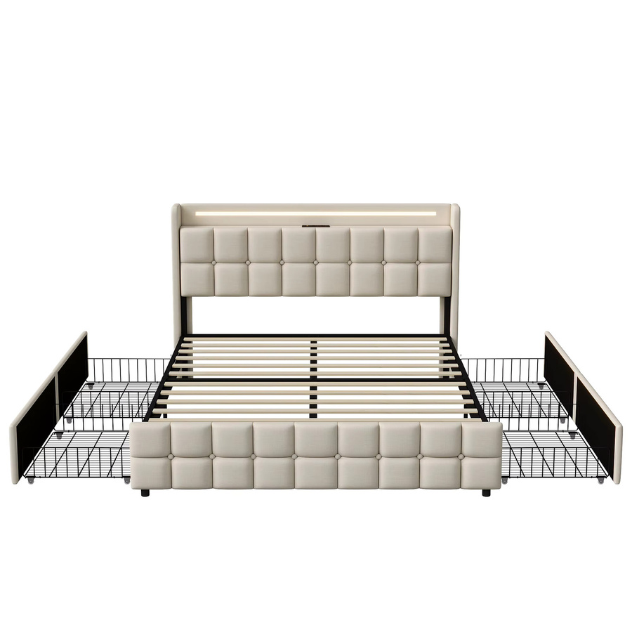 FANGANGE Modernes Polsterbett mit Stauraum und LED-Beleuchtung in Beige, Doppelbett mit 4 Schubladen und USB-Ladestation aus Leinenstoff, B/T: 160 x 200 cm - Bild 3