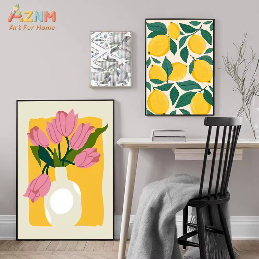 AZNM Moderne Leinwand-Wandkunst mit Zitronen und Tulpen, abstrakter Obst- und Blumen-Druck in Mehrfarbig für deine Küchen- und Heimdekoration - Bild 2