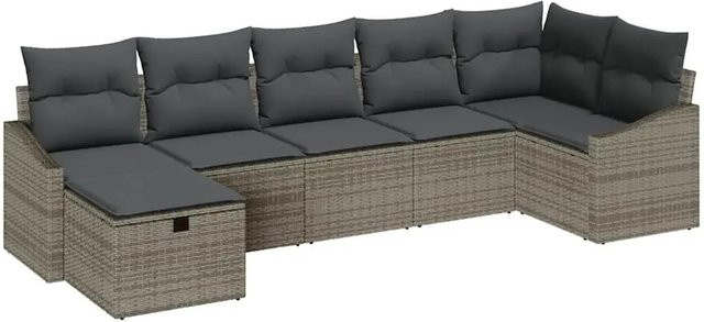 vidaXL Garten-Sofa-Set aus Poly-Rattan in Grau, 7-teiliges Lounge-Set mit Kissen für Garten, Terrasse und Balkon - Bild 1