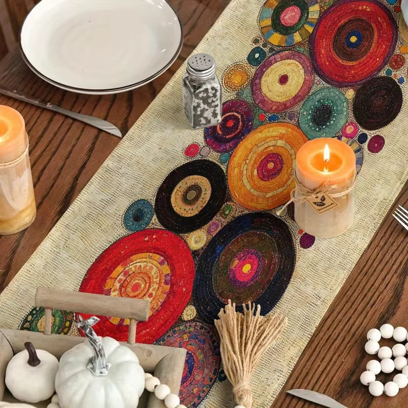 VIKAMA Runde Tischdecke mit gepunktetem Boho-Design in Multicolour aus Leinen - Bild 5