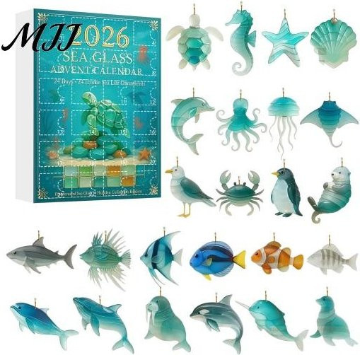 BeautyVibe Adventskalender mit Acryl Meereslebewesen Figuren in Blau, 24 Tage Countdown Box mit 2D Meerestier Anhängern für DIY Windspiele - Bild 1