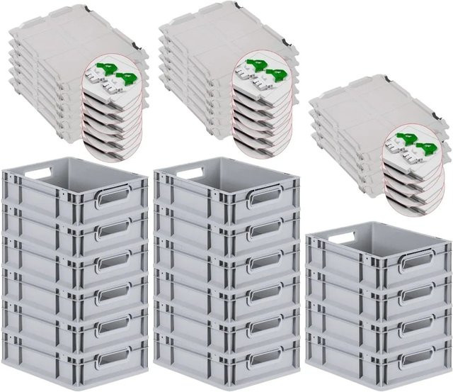 PROREGAL SuperSparSet 16x Eurobox NextGen Grip mit Scharnierdeckel und grünen Schiebeschnappverschlüssen, Grau, H x B x T: 12 x 30 x 40 cm - Bild 1