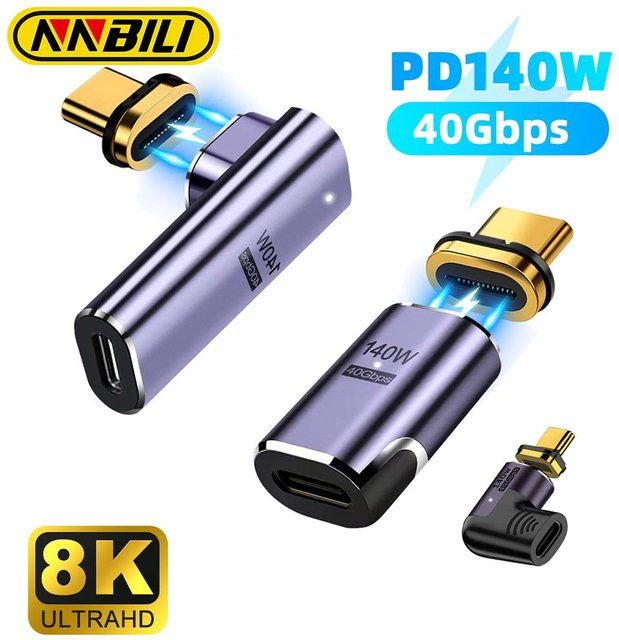 Nnbili Magnetischer USB-C zu USB-C Adapter, 140W Schnellladekabel mit Thunderbolt 3 Unterstützung, 40Gbps und 8K @ 60Hz, Farbe: Silber - Bild 1