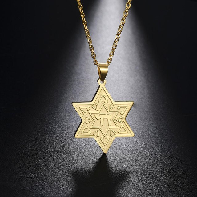 Halskette Davidstern Chai Anhänger, Edelstahl, Gold, Damen, 45-50 cm - Bild 1
