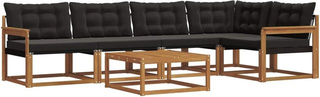 vidaXL Outdoor-Sofagarnitur 6-teilig aus Akazienholz und Textilene in Natur und Schwarz mit Kissen und Armlehnen - Bild 1
