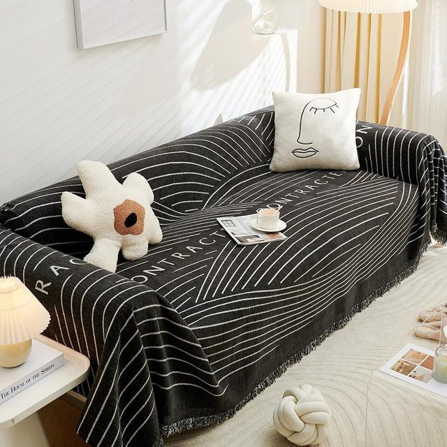 Super Six Chenille Sofaüberwurf in Schwarz mit Streifen, Staubdichter Einteiliger Sofaüberzug, Breite: 180 cm, Tiefe: 280 cm - Bild 1
