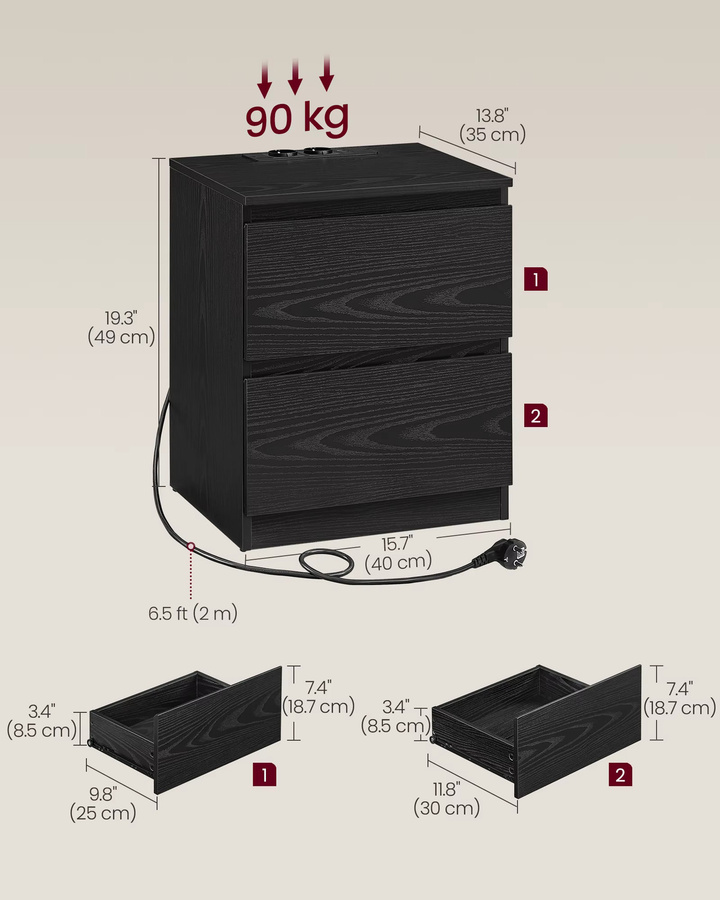 VASAGLE Nachttisch 2er Set in Schwarz mit Steckdosenleiste, 2 Schubladen, 2 AC-Steckdosen und 1 USB-A-Anschluss - Bild 3