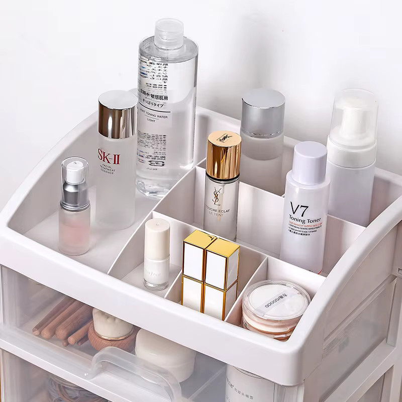 Transparenter Kosmetik-Aufbewahrungsorganizer aus Kunststoff mit 4 Schichten und 3 Schubladen für Make-up und Hautpflege, Weiß/Transparent, Breite: 23,3 cm, Tiefe: 26,8 cm - Bild 1