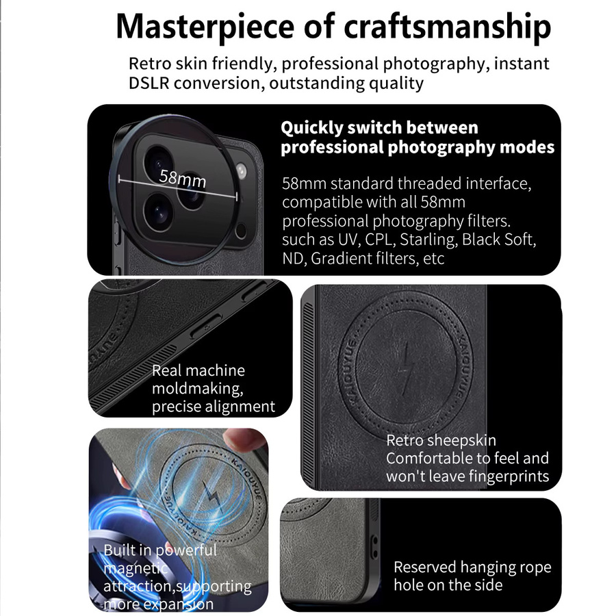 Magnetische MagSafe-Handyhülle aus Schaffellleder mit 58-mm-Filteradapter und 4 Fotoobjektivfiltern für iPhone 17 Pro und iPhone 17 Pro Max, Farbe: Grau - Bild 4