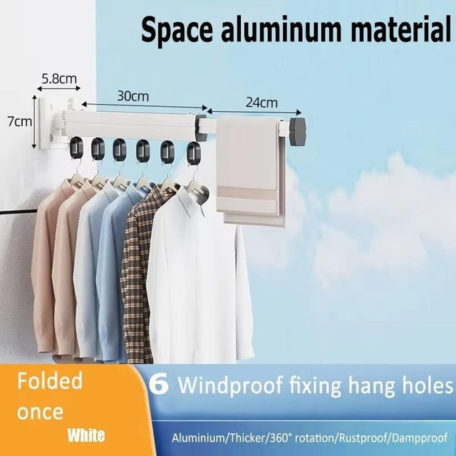 BEISHI Einziehbarer Wäscheständer aus Aluminium in Weiß, Wandmontage, platzsparend und zusammenklappbar - Bild 1