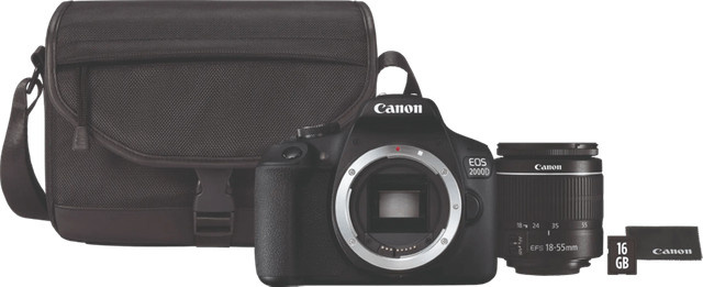 Canon EOS 2000D DSLR Kamera mit 18-55mm f/3.5-5.6 DC III Objektiv, Tasche und 16 GB Speicherkarte in Schwarz - Bild 1