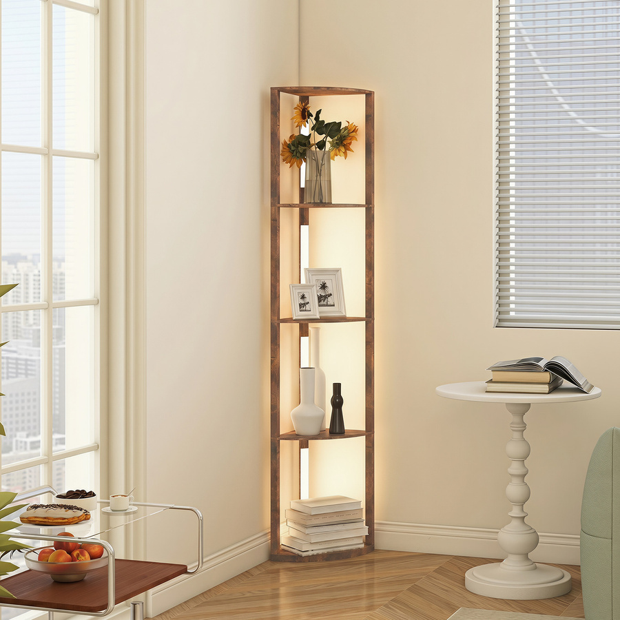 HOMCOM LED Stehleuchte mit Regalen in Rustikal Braun, 5-stufig dimmbare Lampe mit Fußschalter für Wohnzimmer, Schlafzimmer und Büro - Bild 2