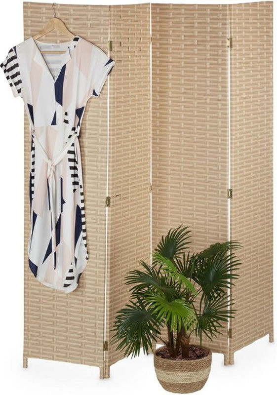 Relaxdays Paravent, 4-teiliger faltbarer Raumtrenner aus Holz und Kunststoff, Braun/Beige, H x B: 170 x 160 cm - Bild 1
