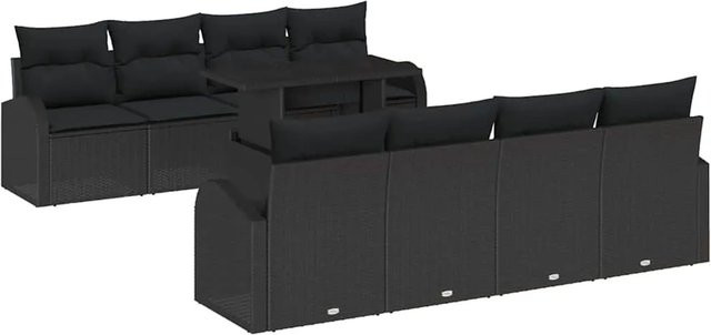 vidaXL Garten-Sofa-Set aus Poly Rattan in Schwarz mit 7-teiligem Modulset, zwei Sofas mit Armlehnen, vier Sitzen und einem Tisch aus Sicherheitsglas sowie UV-beständigen Kissen - Bild 1