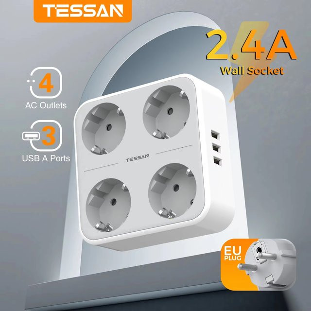 TESSAN Mehrfachsteckdosenleiste 7-in-1 Adapter mit 4 AC-Steckdosen und 3 USB-Anschlüssen in Weiß mit Überlastschutz für Zuhause und Büro - Bild 1