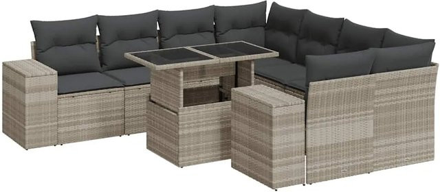 vidaXL 9-teilige Garten-Sofagarnitur aus Poly-Rattan in Hellgrau mit Kissen und Glastisch - Bild 1
