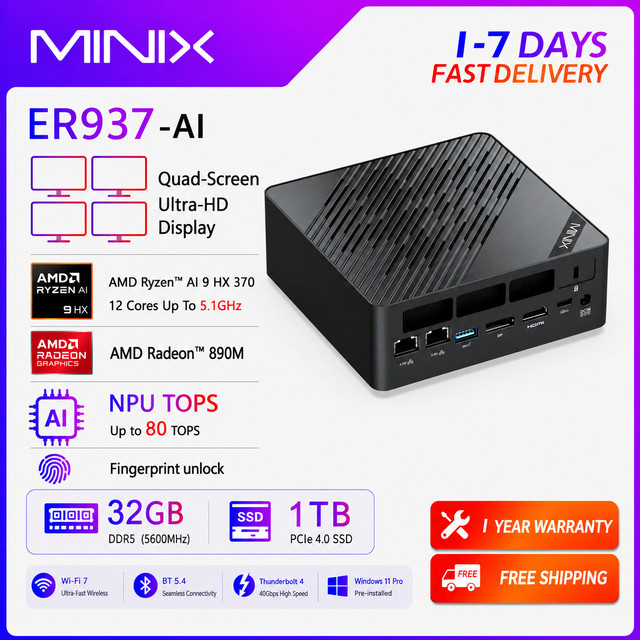 MINIX ER937-AI Mini-PC mit AMD Ryzen AI 9 HX 370, Radeon 890M, 32GB DDR5, 1TB PCIe 4.0 SSD, Wi-Fi 7, Dual 2.5G LAN und Fingerabdrucksensor in Schwarz - Bild 1