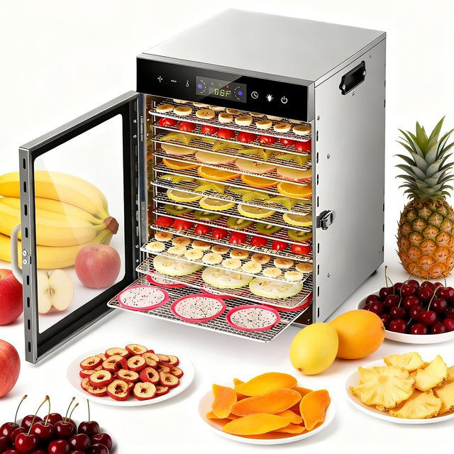 DWiusty Dörrgerät für Lebensmittel und Trockenfleisch mit 6/8/12 Fächern, 800W, Silber, Edelstahl, 24-Stunden-Timer und Beleuchtung, 30-90 ℃ - Bild 1