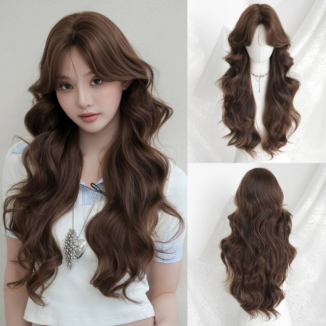 7JHH WIGS Perücke, lange gewellte Mokkabraune, synthetisch, Damen - Bild 1