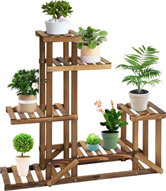 Outsunny Pflanzenregal aus Massivholz mit 6 verstellbaren Ebenen für Garten und Balkon, Farbe: Schwarz/Braun, B/T/H: 98 x 28 x 96,5 cm - Bild 1