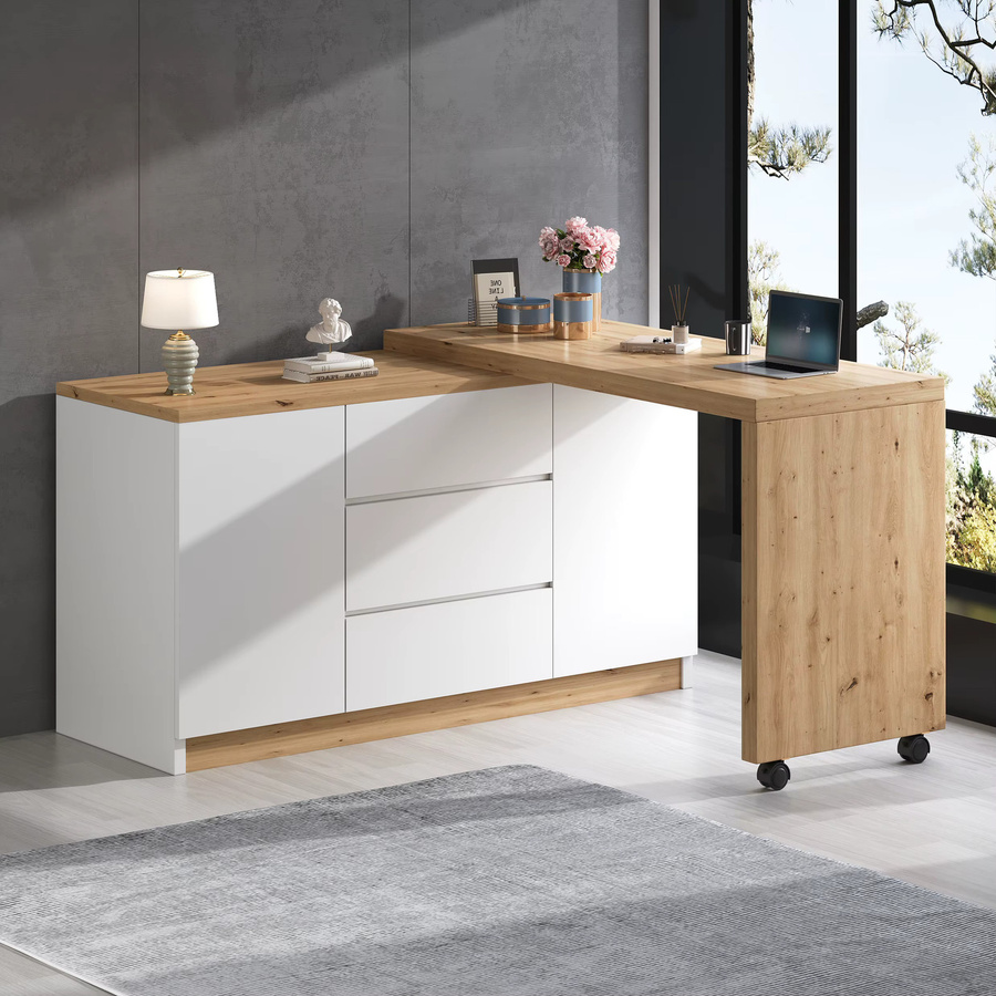 Svintora Eckschreibtisch L-Form in Weiß mit Sideboard, klappbarer Tischplatte und Rollen, B/T/H: 120 x 50 x 76,5 cm - Bild 2