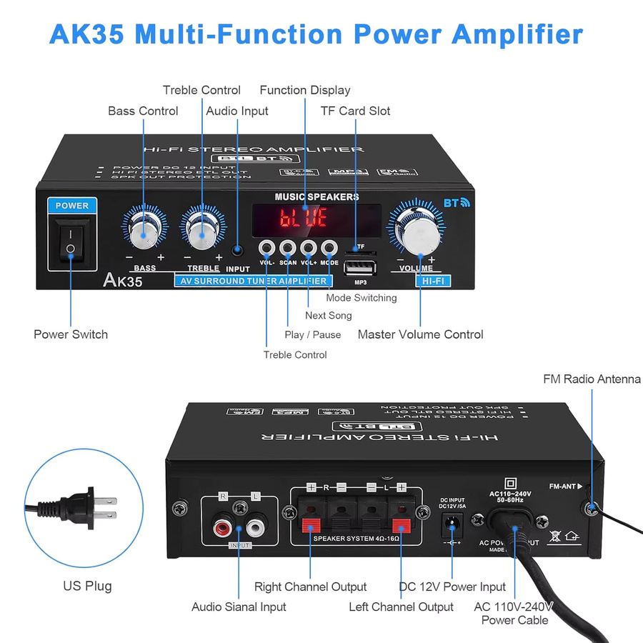 Kebidumei AK35 Digitaler Stereo-Verstärker 800W, 2-Kanal Mini HIFI Heim-Leistungsverstärker mit Bluetooth 5.0, USB und FM in Schwarz - Bild 4