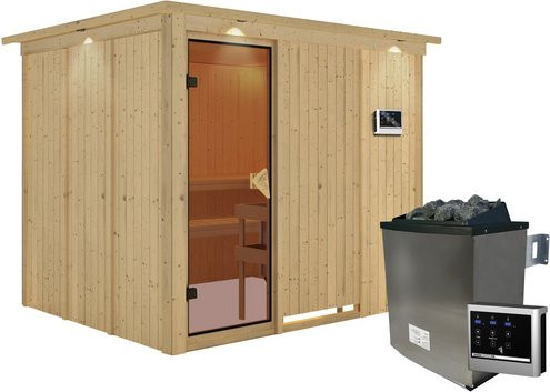 Karibu Sauna Jöhvi aus Fichtenholz mit 9 kW Saunaofen und externer Steuerung für 4 Personen, beige, B/T/H: 245 x 210 x 202 cm - Bild 1