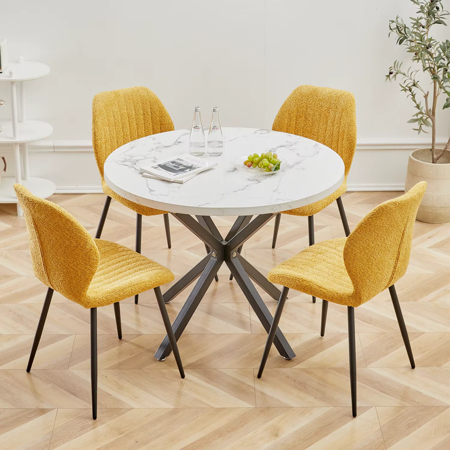 Runder skandinavischer Esstisch von GrandCA HOME mit Marmor-Imitation in Weiß und Gold - Bild 2