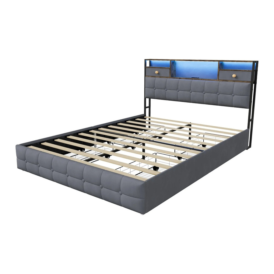 PXloue Polsterbett mit Schubladen und LED aus Samt, Grau, B/T/H: 140 x 200 x 100 cm - Bild 2