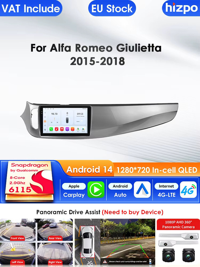 Hizpo Android 14 Auto-Multimedia-Player für Alfa Romeo Giulietta 2015–2018 mit Carplay, 4G und 360 Grad Kamera in Schwarz - Bild 3