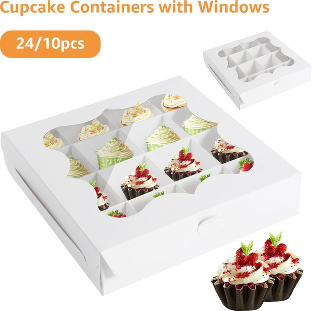 Cupcake-Verpackungsbox aus Papier mit 16 Fächern und klarem Fenster in Weiß für Gebäck, Schokolade und Desserts (10 Stück) - Bild 1