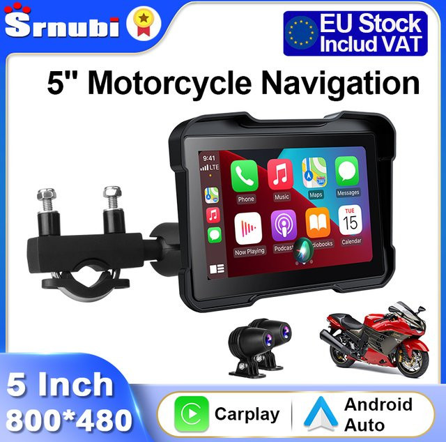 Srnubi 5-Zoll Motorrad-DVR-Navigation mit kabellosem CarPlay und Android Auto, IPX7 wasserdichtes Display in Schwarz - Bild 1