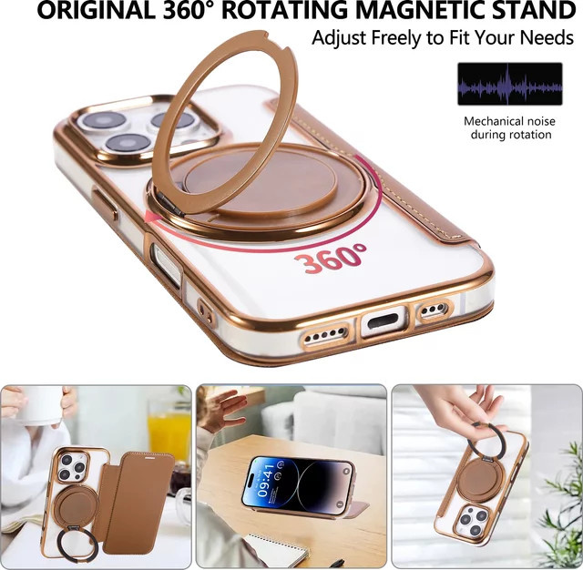 Magnetische Ledertasche mit 360 Grad drehbarem Ständer und LED-Funktion als Flip-Cover für iPhone 12 bis iPhone 17 Air in Pink und Braun - Bild 1