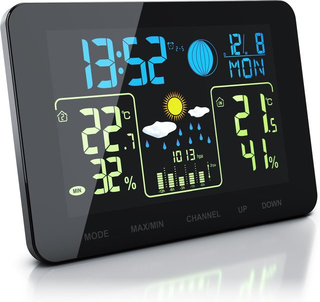 BEARWARE Funkwetterstation mit Farbdisplay und Außensensor in Schwarz - Bild 1