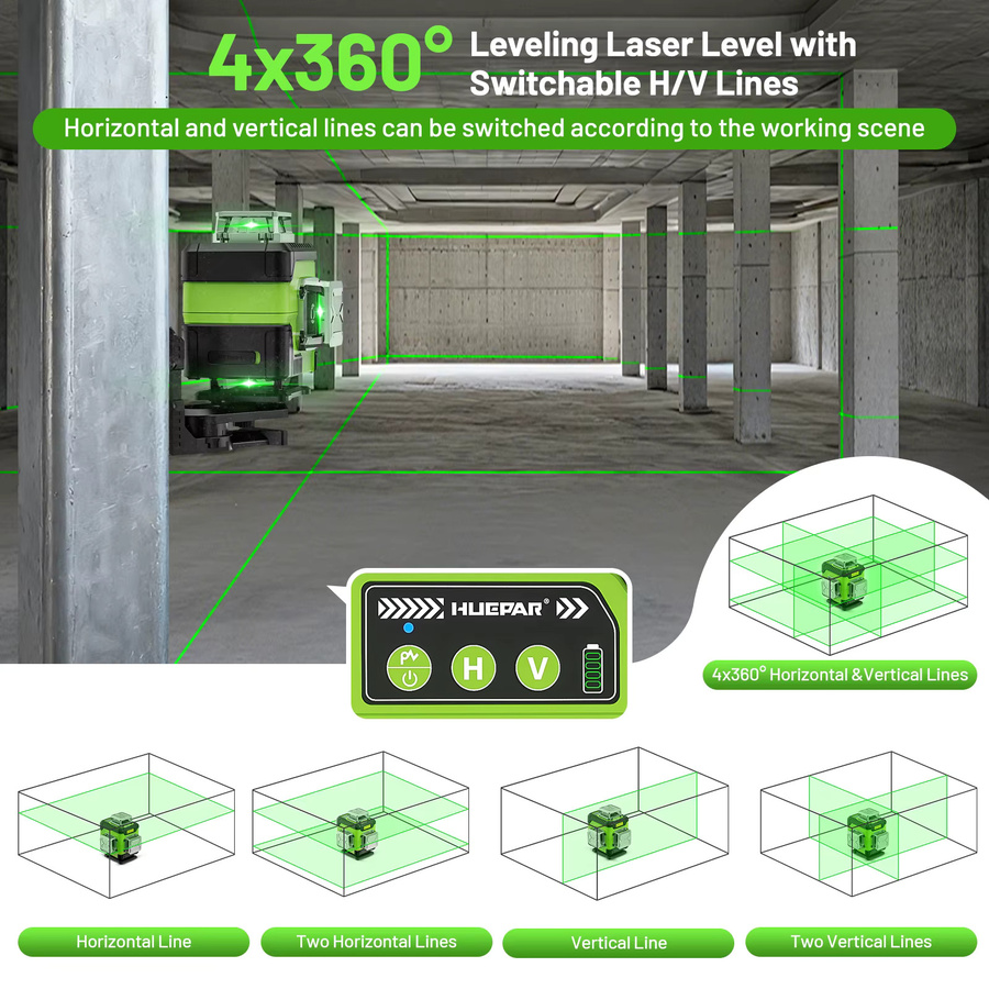 Huepar Y04CG 4D Kreuzlinienlaser mit grüner Laserlinie, digitaler Winkelanzeige und wiederaufladbarem Li-Ionen-Akku - Bild 3