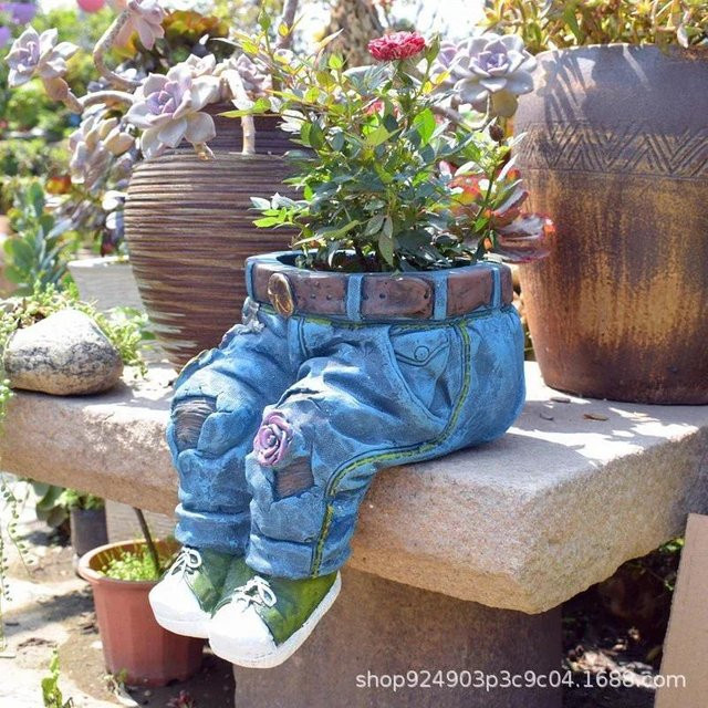 KTY Jeans Blumentopf aus Harz in Blau für Gartenkunst und Dekoration - Bild 1
