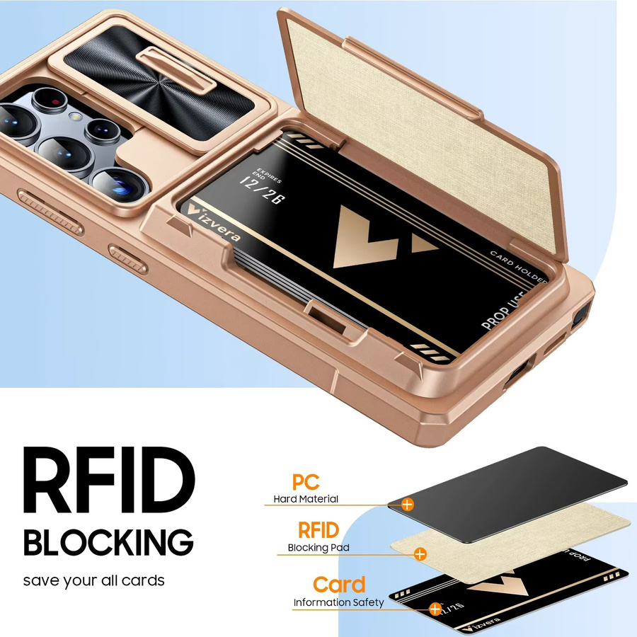 BANGZAO Handyhülle für Galaxy S25 Ultra mit Kartenhalter für 4 Karten, Kameraabdeckung und Ständer in Champagner - Bild 3