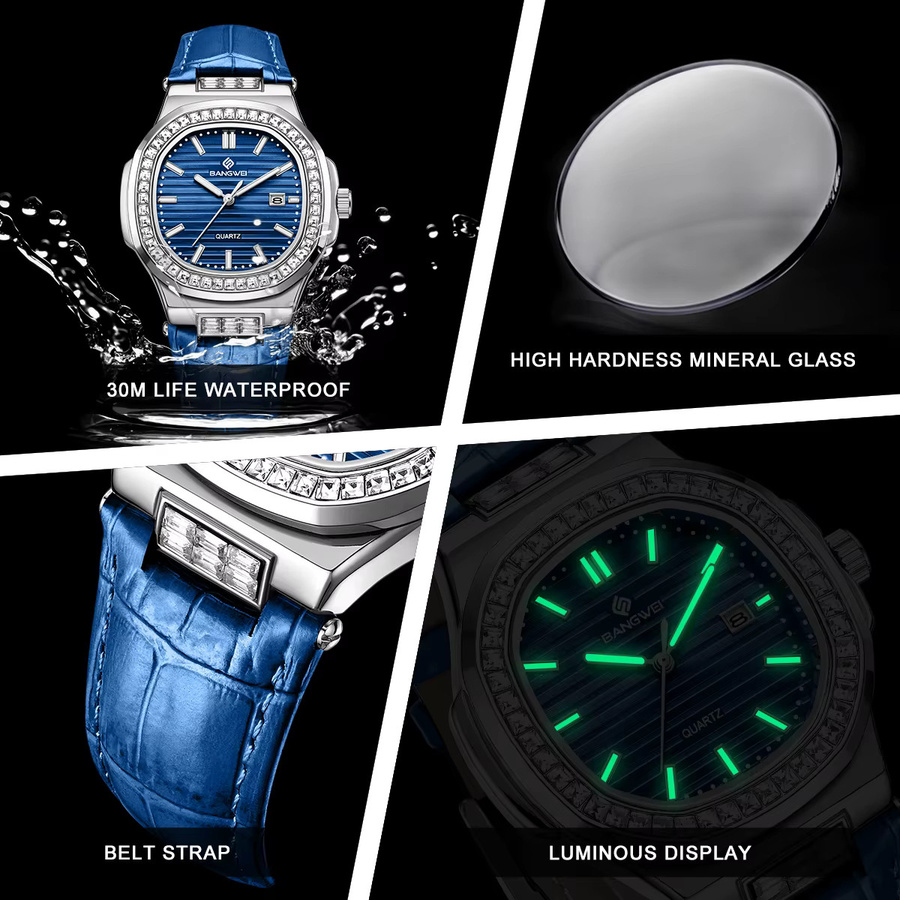 BANGWEI Armbanduhr, Chronograph, Quarz, Diamant, Grün, Damen - Bild 5