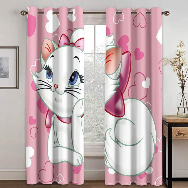 2er-Set Dünne Fenstervorhänge mit niedlichem Katzen-Tierpark-Motiv in Pink für Kinderzimmer und Wohnzimmer, Höhe: 166 cm, Breite: 150 cm - Bild 1