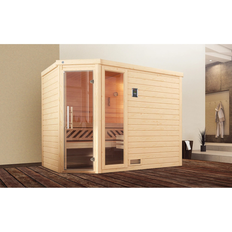Weka Massivholzsauna Turku aus Fichte mit BioS Glastür und Fenster, Farbe Braun, B/T/H: 248 x 198 x 205 cm, inklusive 7,5 kW Heizung und 3 Sparset - Bild 2