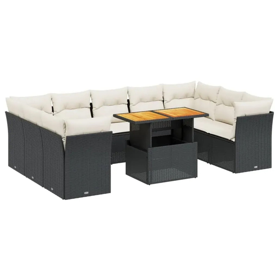 vidaXL 10-teilige Garten-Sofagarnitur in L-Form aus Polyrattan und Akazienholz mit Kissen in Schwarz-Creme - Bild 2