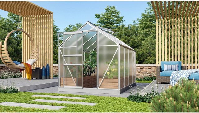 Vitavia Gewächshaus Venus 5000 HKP in Silber mit Aluminiumrahmen, Polycarbonat-Verglasung, Schiebetür, Dachfenster, Regenrinnen und Fundamentrahmen - Bild 1