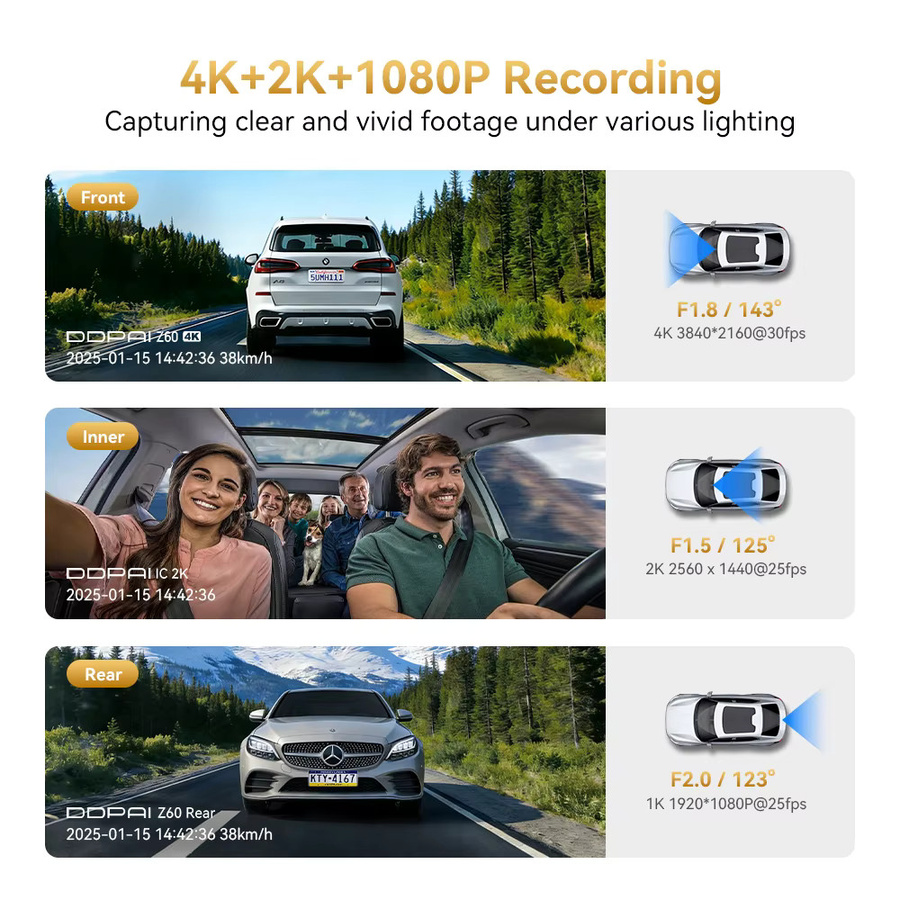 DDPAI Z60T Dashcam 3-Kanal mit 4K UHD, HDR und Nachtsicht, Schwarz, inklusive 24H Parküberwachung und ADAS, DVR Autokamera - Bild 2