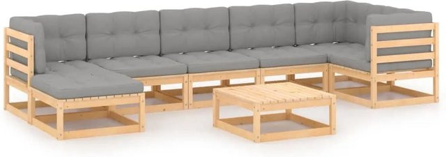 vidaXL 8-tlg Garten-Lounge-Set aus massivem Kiefernholz in L-Form mit grauen Polsterkissen - Bild 1