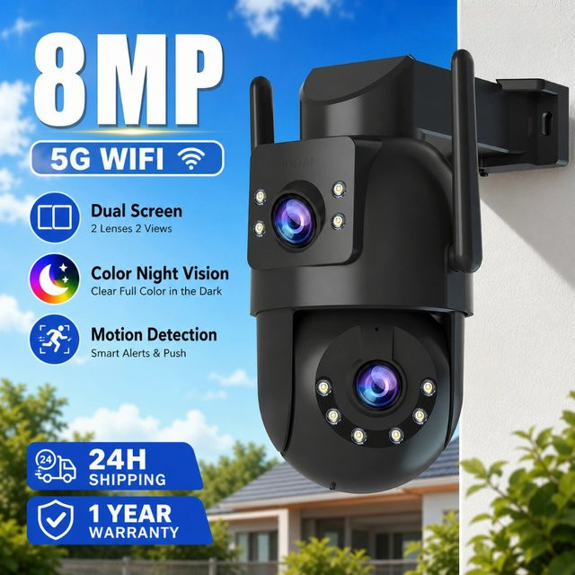 Jooah 4K 8MP Außenüberwachungskamera mit Doppellinse, 5G WLAN IP HD, Vollfarbige Nachtsicht CCTV Heimsicherheitskamera in Schwarz - Bild 1