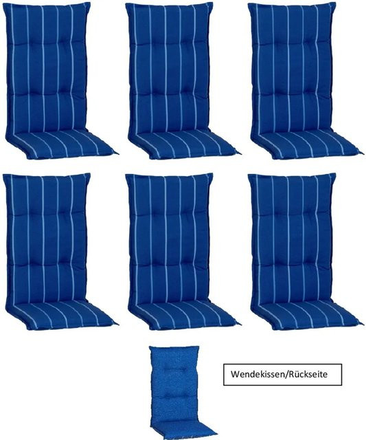 Beo Sitzauflage Hochlehner Tovarnik 6er-Set Blau-Weiß gestreift mit Bindebändern und Schaumstofffüllung - Bild 1
