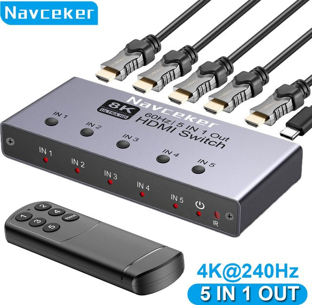 Navceker HDMI 2.1 Switch Splitter mit Fernbedienung 8K 4K 240Hz 5 Eingänge 1 Ausgang für PS5 Xbox Series X und Apple TV - Bild 1