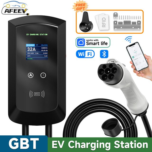AFEEV Elektroauto Ladestation Wallbox GBT 20234 mit WiFi und Bluetooth, 22KW 32A 3-Phasen EVSE Ladegerät, Schwarz - Bild 1